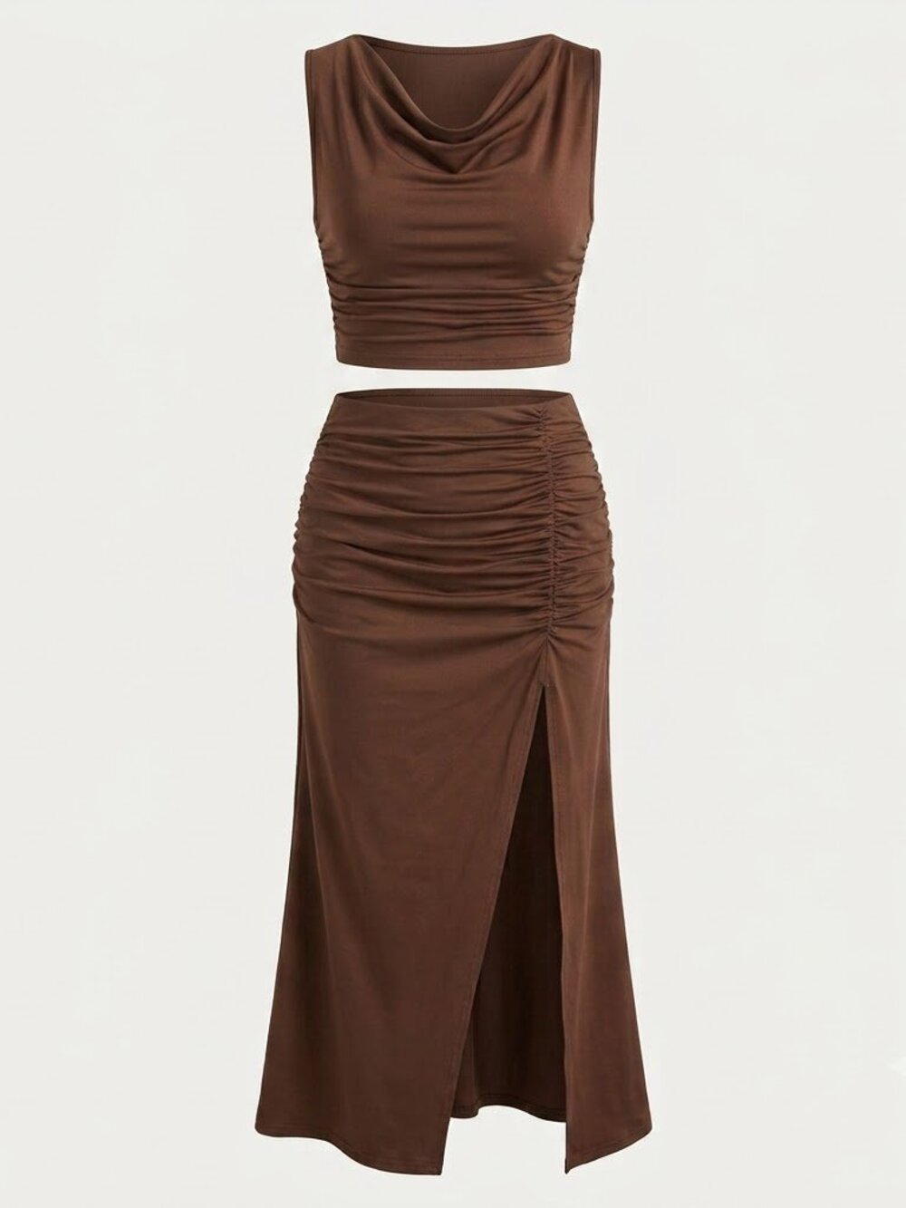 XL SHEIN Brown Satin Look Cowl Neck Ruched Midi Skirt 2 Piece Set Night Out